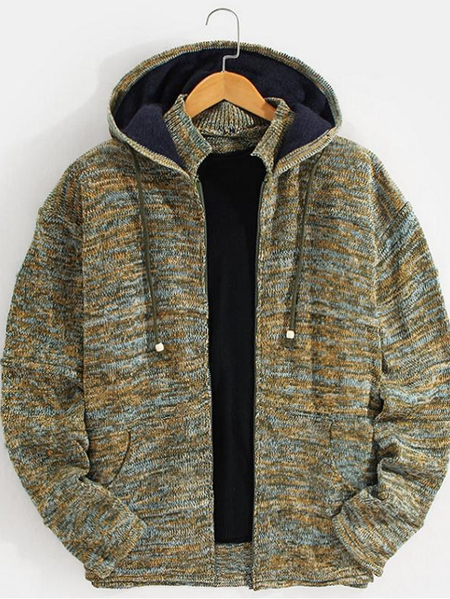  Men's Cardigan Sweater Crochet Knit Floral Stripe Hooded Casual Soft Outdoor Home Spring Fall Green S M L / Winter / Long Sleeve