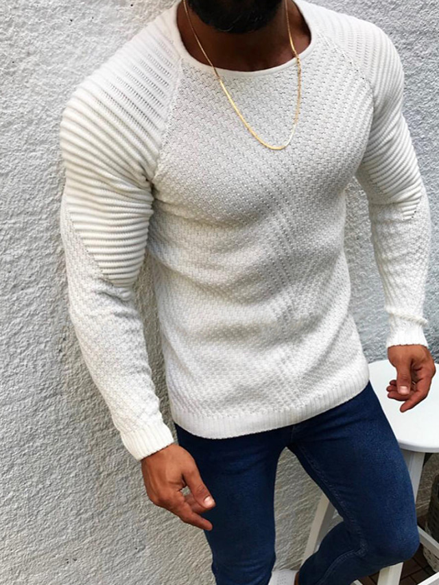  Men's Pullover Sweater Waffle Knit Cropped Knitted Solid Color Crew Neck Basic Stylish Outdoor Daily Fall Winter White M L XL / Cotton / Long Sleeve