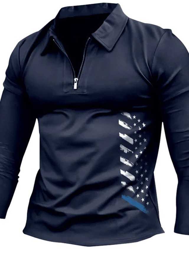  Męskie Koszulka polo Koszula golfowa Flagi Wieczorne Niebieski Khaki Czarny Druk 3D Na zewnątrz Ulica Długi rękaw Zamek Nadruk Odzież Moda Designerskie Codzienny Oddychający
