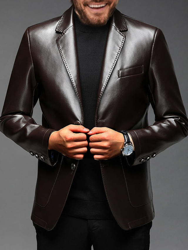  Men's Faux Leather Jacket Biker Jacket Daily Wear Work Winter Long Coat Regular Fit Warm Casual Casual Daily Jacket Long Sleeve Pure Color With Belt Light Brown Coffee Black