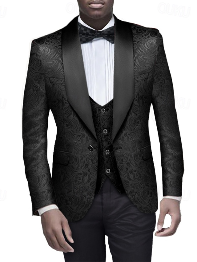  Black White Pink Men's Party Prom Tuxedos 3 Piece Jacquard Solid Colored Shawl Collar Standard Fit Single Breasted One-button 2024