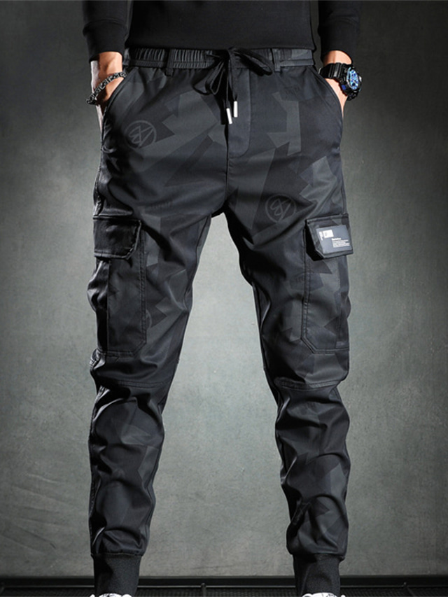  Herre Cargo-bukser Bukser Arbejdsbukser Casual bukser Snørelukning Elastisk Talje Camouflage Komfort Åndbart Afslappet Daglig Streetwear Sport Mode Sort Mikroelastisk