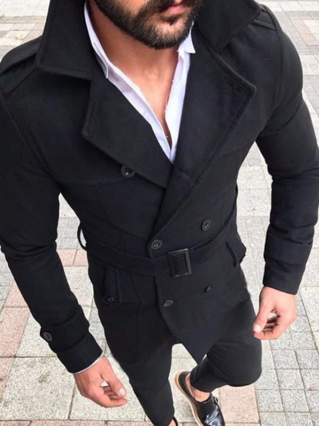  Men's Peacoat Winter Coat Short Coat Office Work Winter Fall Polyester Windproof Warm Outerwear Clothing Apparel Stylish Formal Style non-printing Pure Color Pocket Turndown Double Breasted / Long