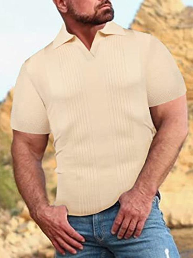  Herre POLO T-skjorte Strikk polo T skjorte Skjorte Ensfarget Stamme Klassisk krage Beige utendørs Hjem Topper Muskel