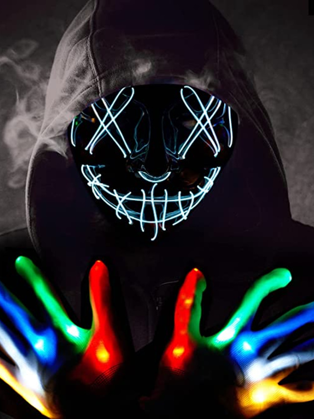  conjunto de guantes de esqueleto de máscara de halloween máscara de purga de led guantes luminosos de luz de grito de miedo máscara anónima disfraces de halloween, elemento de esqueleto para