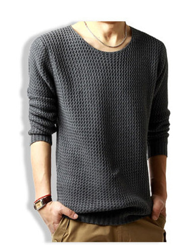  Men's Pullover Sweater Waffle Knit Cropped Knitted Solid Color Crew Neck Basic Stylish Outdoor Daily Fall Winter Black Light gray M L XL / Cotton / Long Sleeve