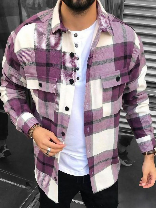  Men's Shirt Flannel Shirt Shirt Jacket Shacket Plaid / Check Turndown Purple Green Gray Street Daily Long Sleeve Button-Down Clothing Apparel Basic Fashion Casual Comfortable
