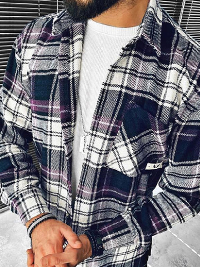  Męskie Koszula flanelowa Koszula kurtka Koszula Pled / Check Wieczorne Granatowy Ulica Codzienny Długi rękaw Przycisk w dół Odzież Podstawowy Moda Codzienny Wygodny