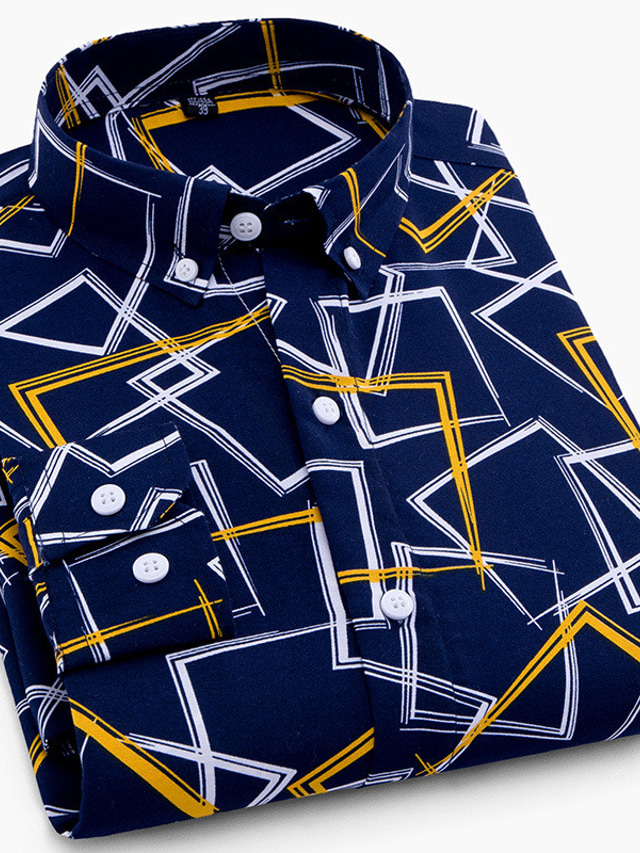  Men's Dress Shirt Geometry Turndown Blue Yellow Outdoor Casual Long Sleeve Button-Down Clothing Apparel Casual / Sports