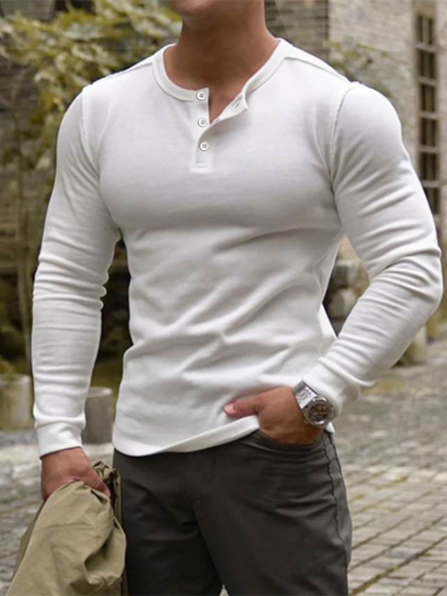  男性用 Tシャツ ヘンリーシャツ 純色 ヘンリー ホワイト ストリート 祝日 長袖 衣類 ファッション カジュアル 快適 / ビーチ