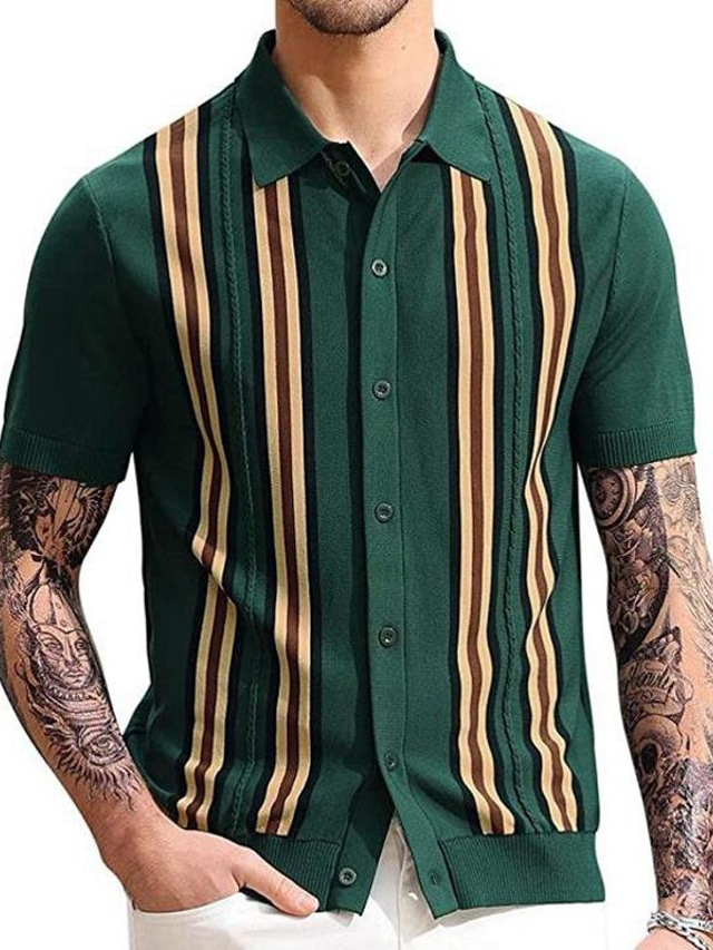  Men's Collar Polo Shirt Knit Polo Sweater T shirt Tee Shirt Muscle Green Striped Tribal Classic Collar Outdoor Home Clothing Clothes Muscle