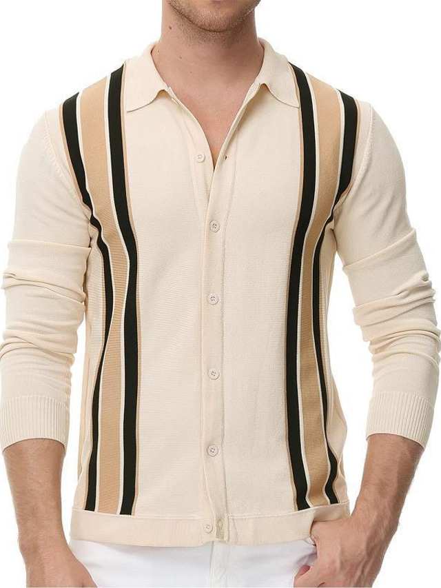  Men's Collar Polo Shirt Knit Polo Sweater T shirt Tee Shirt Muscle Long Sleeve Beige Striped Tribal Classic Collar Outdoor Home Clothing Clothes Muscle