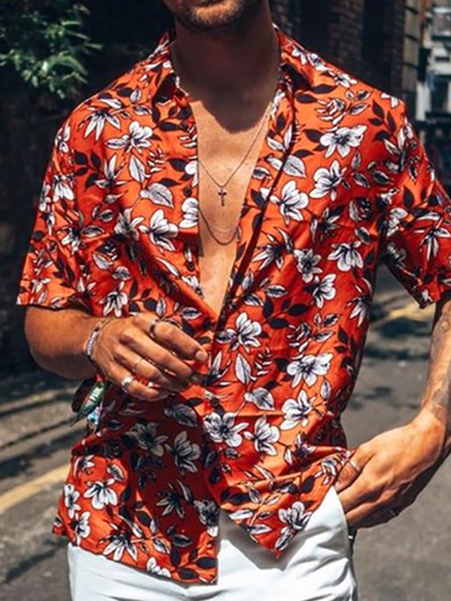  Herr Skjorta Hawaii skjorta Blommig Aloha Nedvikt Rubinrött Blå Grön Andra tryck Ledigt Dagligen Kortärmad Mönster Kläder Sport Mode Designer Ledigt