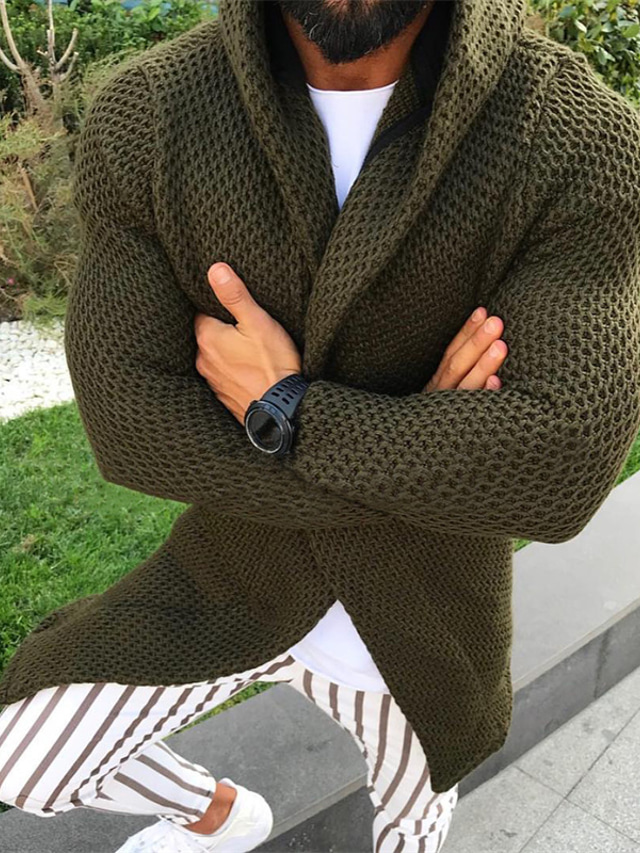  Men's Sweater Cardigan Sweater Ribbed Knit Cropped Knitted Solid Color Hooded Basic Stylish Outdoor Daily Clothing Apparel Winter Fall Army Green Navy Blue S M L / Cotton / Long Sleeve / Weekend