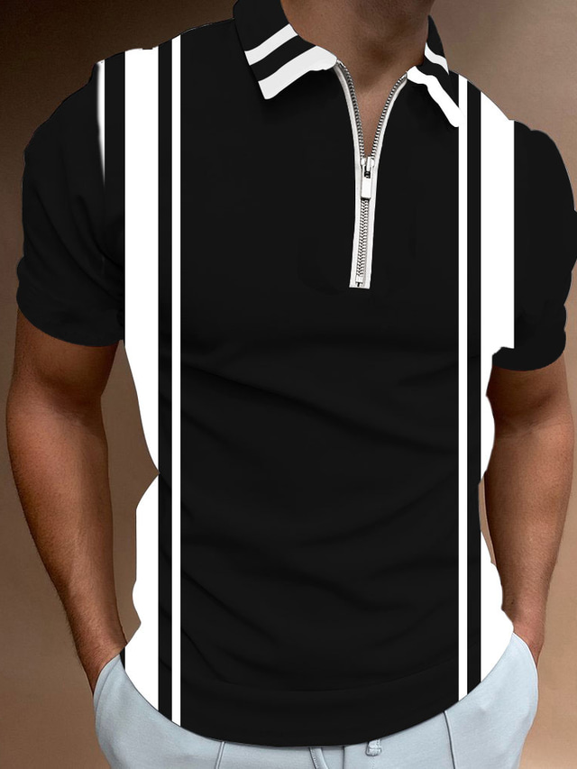  Men's Collar Polo Shirt Golf Shirt T shirt Tee Striped Collar Street Casual Zipper Print Short Sleeve Tops Sportswear Casual Fashion Streetwear Black Army Green Navy Blue / Summer