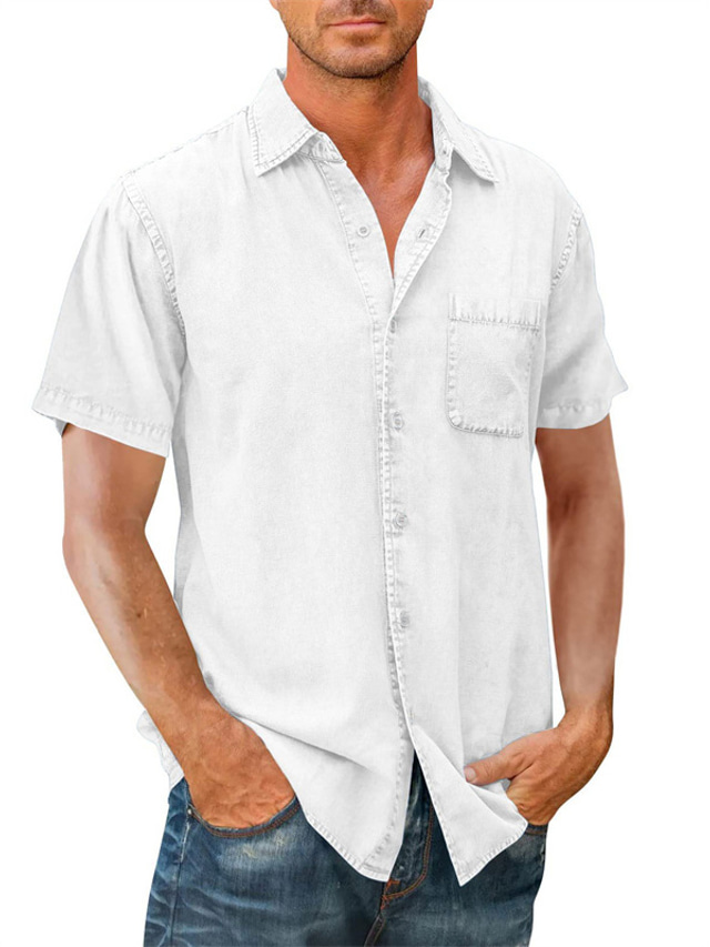  Men's Cargo Shirt Solid Color Turndown Army Green Khaki Light gray Dark Gray Navy Blue Street Daily Short Sleeve Button-Down Clothing Apparel Cotton Denim Casual Comfortable Pocket / Summer / Spring