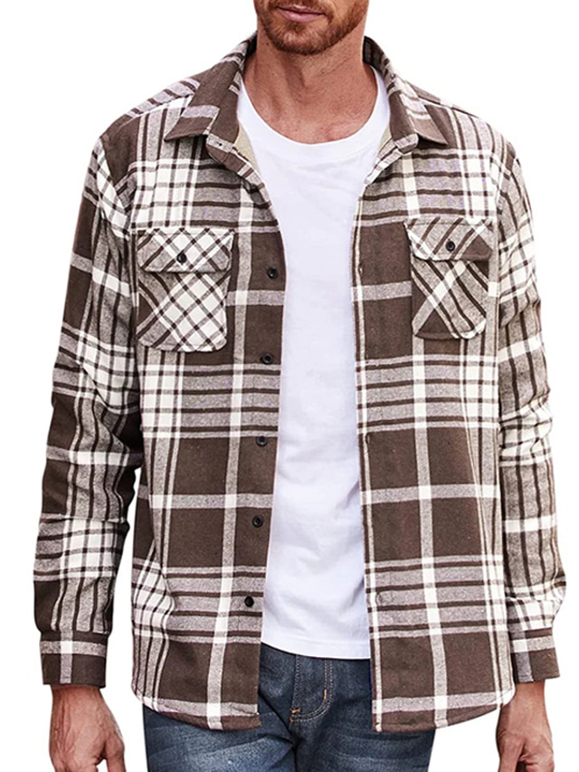  Men's Flannel Shirt Plaid / Check Turndown Blue Red Coffee Black Print Street Daily Long Sleeve Button-Down Clothing Apparel Casual Comfortable Pocket / Winter / Winter