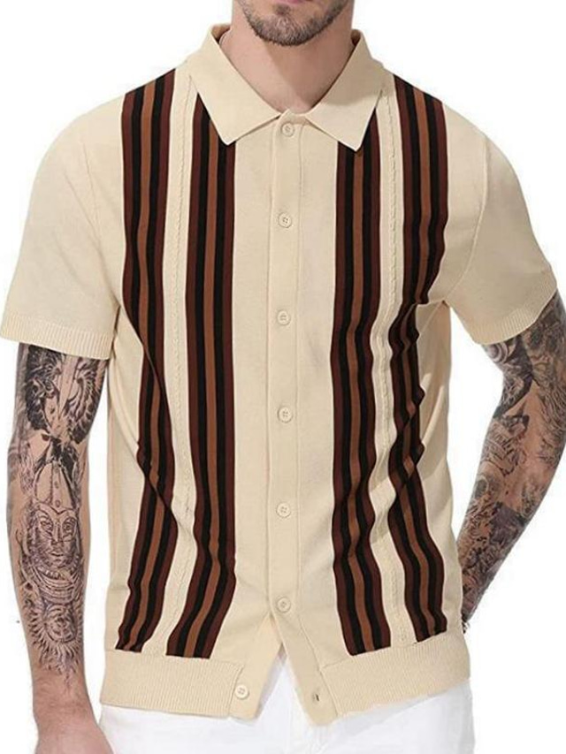  Men's Collar Polo Shirt Knit Polo Sweater T shirt Tee Shirt Muscle Beige Striped Tribal Classic Collar Outdoor Home Clothing Clothes Muscle