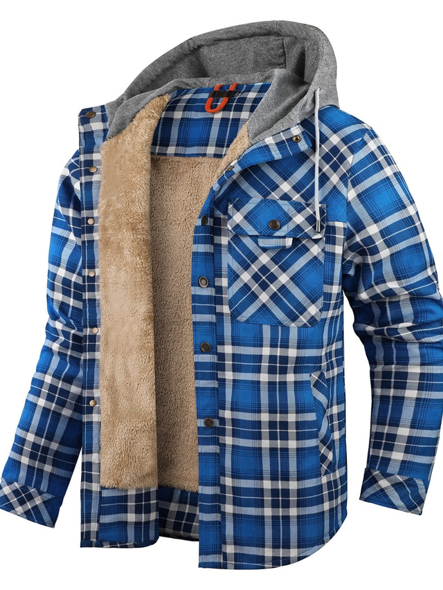  Men's Flannel Shirt Winter Jacket Jacket Plaid Hooded Green Blue Khaki Red Coffee Print Street Daily Long Sleeve Button-Down Clothing Apparel Fashion Casual Comfortable