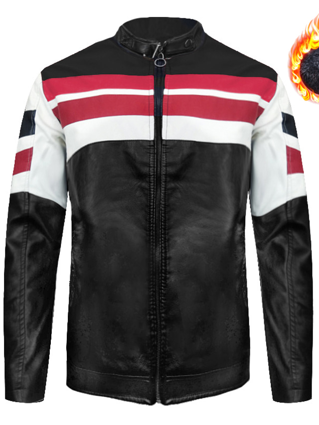  Men's Faux Leather Jacket Biker Jacket Daily Wear Work Winter Long Coat Regular Fit Warm Casual Casual Daily Jacket Long Sleeve Pure Color With Belt Light Red Black