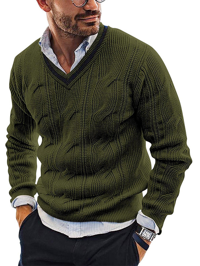  Men's Sweater Pullover Sweater Ribbed Knit Cropped Knitted Solid Color V Neck Basic Stylish Outdoor Daily Clothing Apparel Winter Fall Black Army Green M L XL / Cotton / Long Sleeve / Weekend