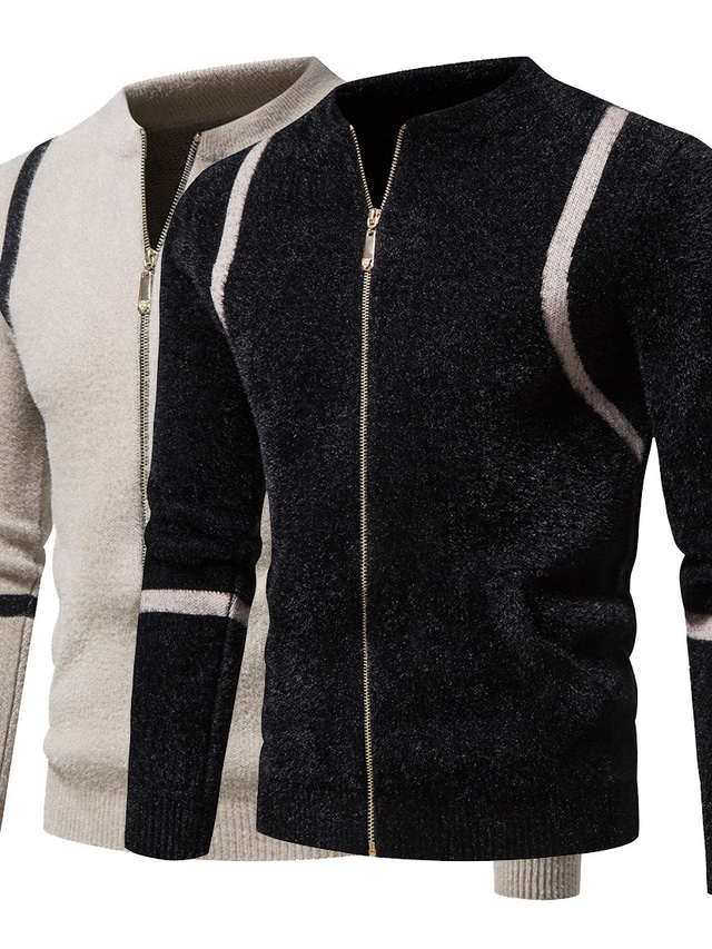  Homme Pull Chandail Gilet Tricoter Tricoté Rayé Zip à la mode Style vintage du quotidien Vêtement Tenue Hiver Automne riz blanc Noir M L XL