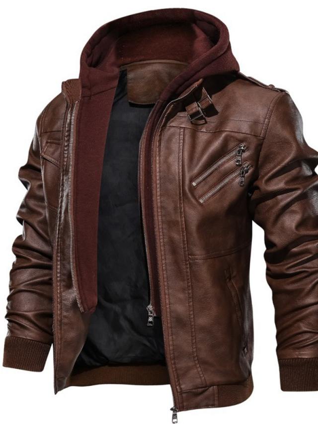  Men's Faux Leather Jacket Biker Jacket Hoodie Jacket Outdoor Daily Thermal Warm Windproof Pocket Fall Solid Color Sporty Casual Stand Collar Regular Black Brown Gray Jacket