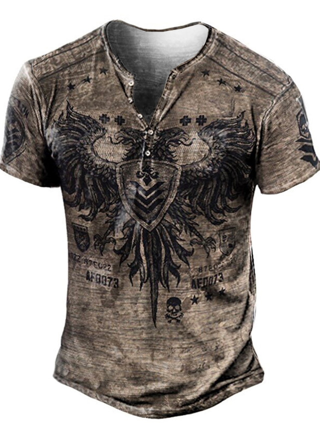  Men's Henley Shirt T shirt Tee 1950s Summer Short Sleeve Graphic Patterned Skull Eagle Henley Street Casual Button-Down Print Clothing Clothes Basic 1950s Casual Black / White Black / Gray Green