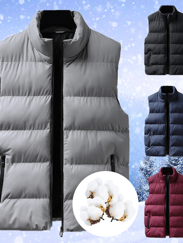  Men's Puffer Vest Winter Jacket Winter Coat Windproof Warm Casual Camping & Hiking Solid / Plain Color Outerwear Clothing Apparel Black Red Blue
