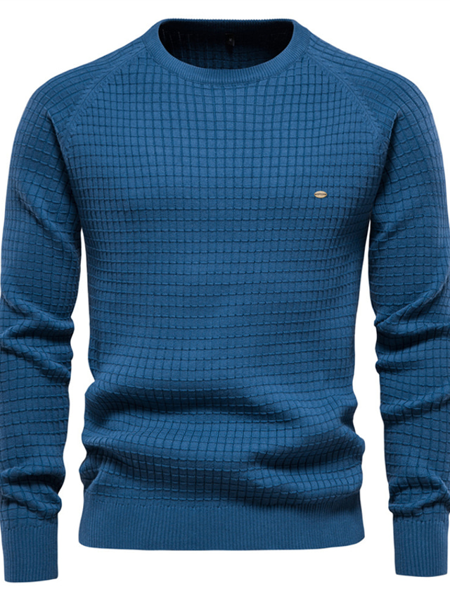  Men's Pullover Waffle Knit Knitted Pure Color Round Keep Warm Modern Contemporary Daily Wear Going out Clothing Apparel Winter Fall Blue Khaki S M L / Long Sleeve / Long Sleeve