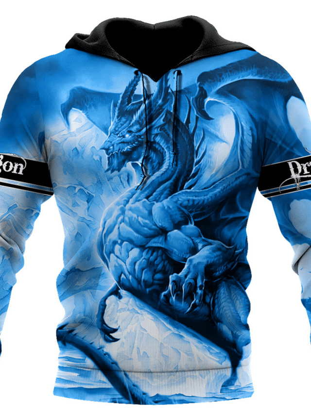  Homme Sweat à capuche Bleu Capuche Dragon Imprimés Photos Imprimer du quotidien Des sports 3D effet Vêtement de rue Design basique Printemps & Automne Vêtement Tenue Pulls Capuche Pulls molletonnés