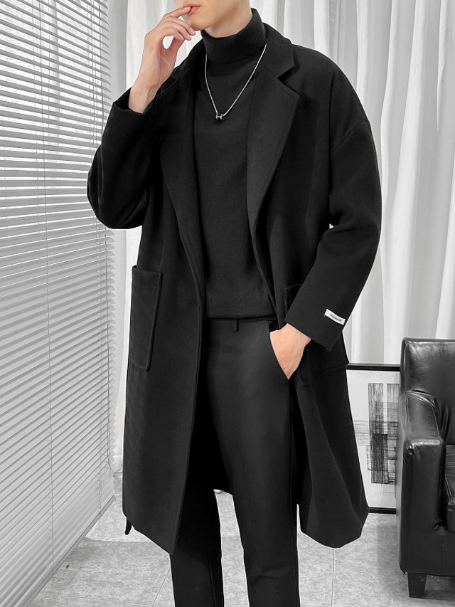  Men's Coat Winter Peacoat Wool Overcoat Double Breasted Regular Slim Fit Warm Solid Colored Fall Long Sleeve Thick Classic Trench Coat Office Daily Work
