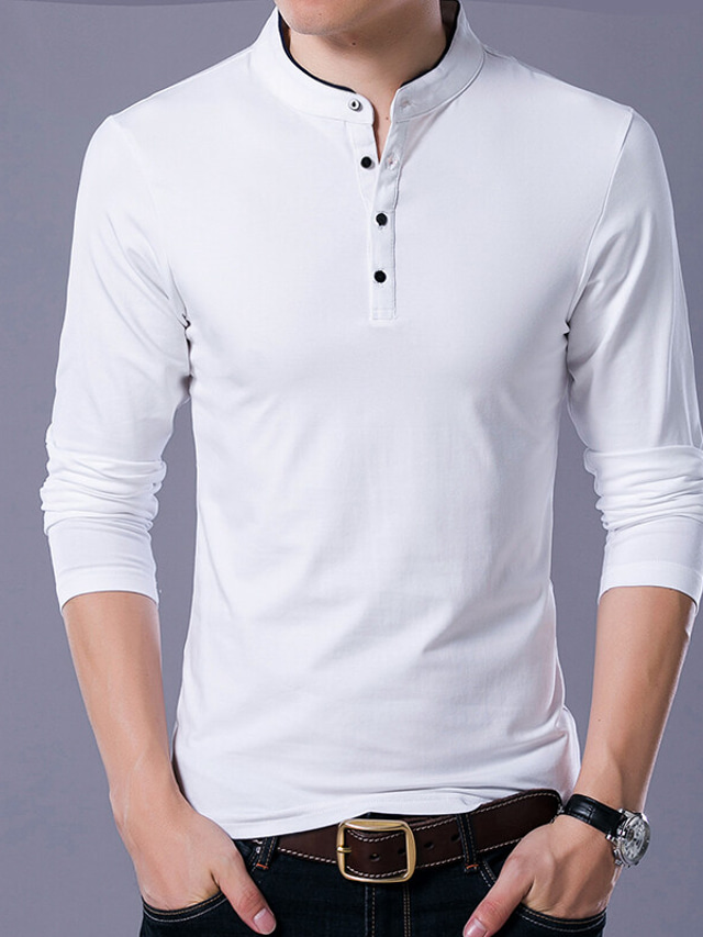  Men's Henley Shirt Tee Solid Color Henley claret Black Navy Blue Grey White Street Daily Long Sleeve Button-Down Clothing Apparel Cotton Basic Sports Fashion Simple