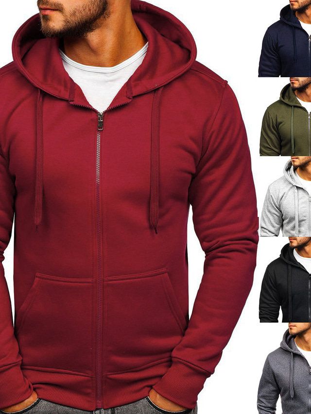  heren slim fit effen kleur hooded sweatshirt met volledige rits hipster gym actieve hoodie wijnrood