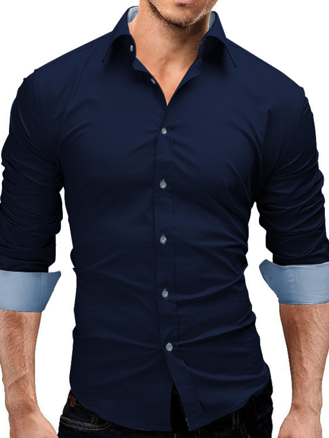  رجالي قميص قميص رسمي لون سادة قياس كبير قبة ياقة مفرودة مناسب للبس اليومي عمل كم طويل قمم الأعمال التجارية كاجوال خمر أبيض أسود