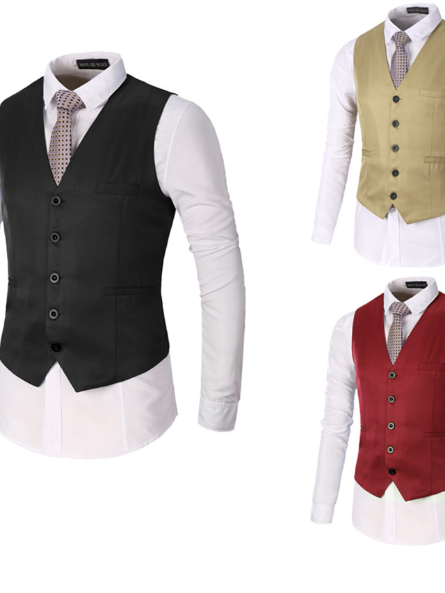  Men's Vest Outdoor Comfortable Wedding Wedding Daily Wear Going out Single Breasted V Wire Business Traditional / Classic Jacket Outerwear Pure Color Button Pocket rice white Robin's Egg Blue Dark Red