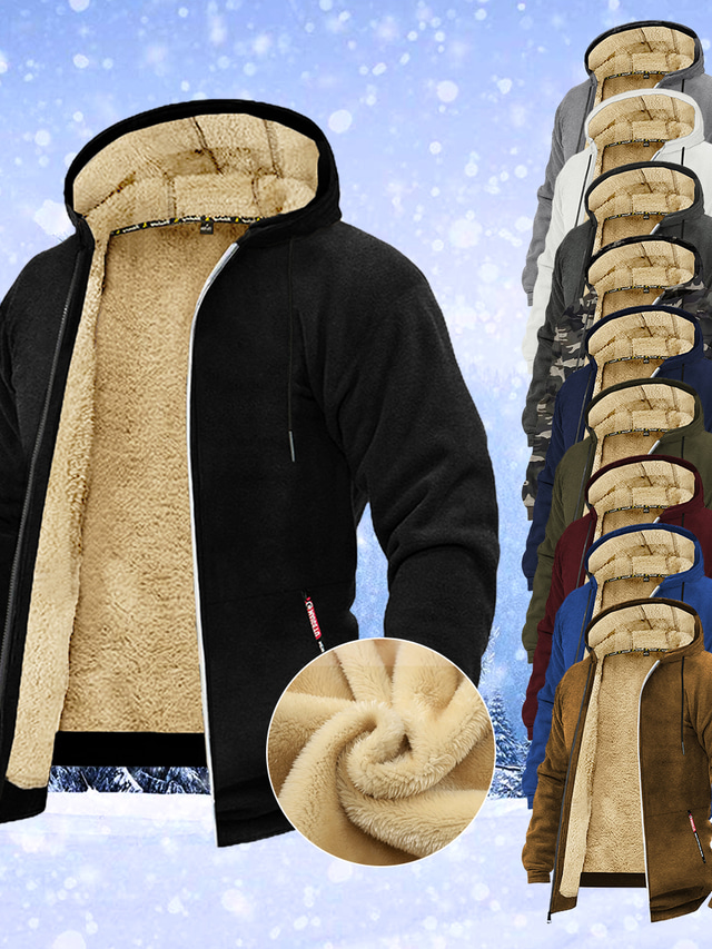  Herr Hoodie-tröja med dragkedja Sherpa Svart Vit Vin Armégrön Marinblå Huva Ensfärgat Dragkedja Grundläggande Häftig Ledigt Vinter Kläder Pull Tröjor