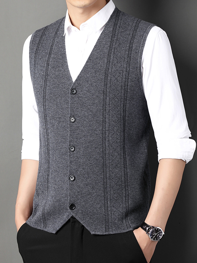  Men's Sweater Vest Wool Sweater Shrug Jumper Cable Knit Cropped Button Knitted Geometric Deep V Stylish Ethnic Style Daily Drop Shoulder Winter Fall Camel Light gray S M L