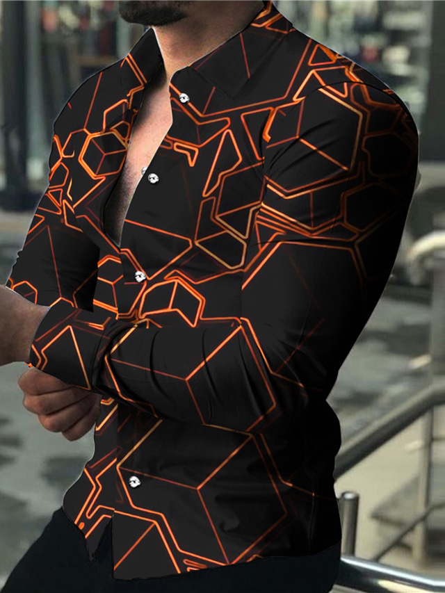  Męskie Koszula Wzory graficzne Geometria Wieczorne Pomarańczowy Druk 3D Na zewnątrz Ulica Długi rękaw Przycisk w dół Nadruk Odzież Moda Designerskie Codzienny Oddychający