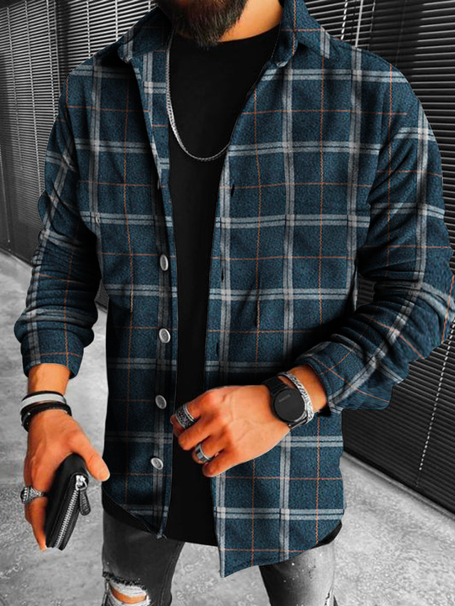  Men's Flannel Shirt Casual Daily Outdoor Print Check Plaid Graphic Patterned Turndown Street  Button-Down Long Sleeve Tops Casual Fashion Comfortable Warm Green Dusty Blue Orange  Winter Spring Fall