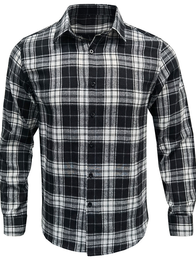 Men's Flannel Shirt Overshirt Tartan Turndown Classic Collar Black ...