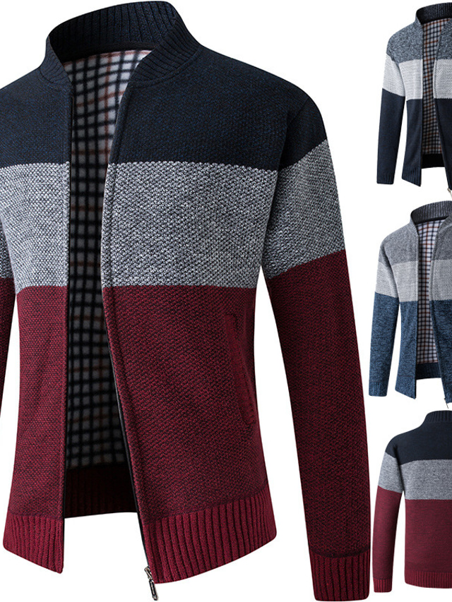  Men's Cardigan Sweater Ribbed Knit Knitted Color Block Standing Collar Warm Ups Modern Contemporary Daily Wear Going out Clothing Apparel Fall & Winter Red Blue M L XL / Long Sleeve / Long Sleeve