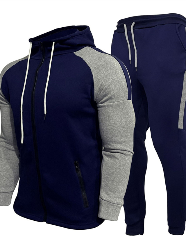  Men's Tracksuit Sweatsuit Navy Blue Gray White Black Standing Collar Color Block Drawstring 2 Piece Sports & Outdoor Daily Sports Basic Casual Big and Tall Fall Spring Clothing Apparel Hoodies