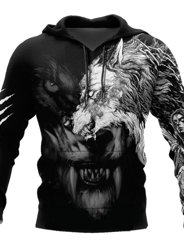  Men's Hoodie Pullover Hoodie Sweatshirt Black And White Black Wine Red Blue Hooded Wolf Graphic Prints Viking Front Pocket Casual Daily Sports 3D Print Designer Sportswear Ethnic Fall Spring &  Fall
