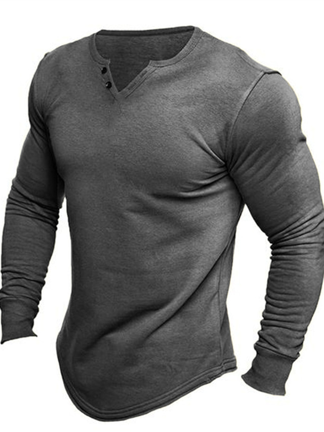  男性用 Tシャツ 純色 Ｖネック アーミーグリーン ネイビーブルー グレー ストリート 日常 長袖 ボタンダウン 衣類 ファッション デザイナー カジュアル 快適