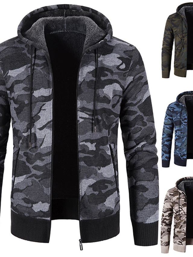  Men's Cardigan Sweater Ribbed Knit Knitted Camo / Camouflage Hooded Basic Warm Ups Daily Wear Vacation Clothing Apparel Fall & Winter Blue Dark Gray M L XL / Long Sleeve / Long Sleeve