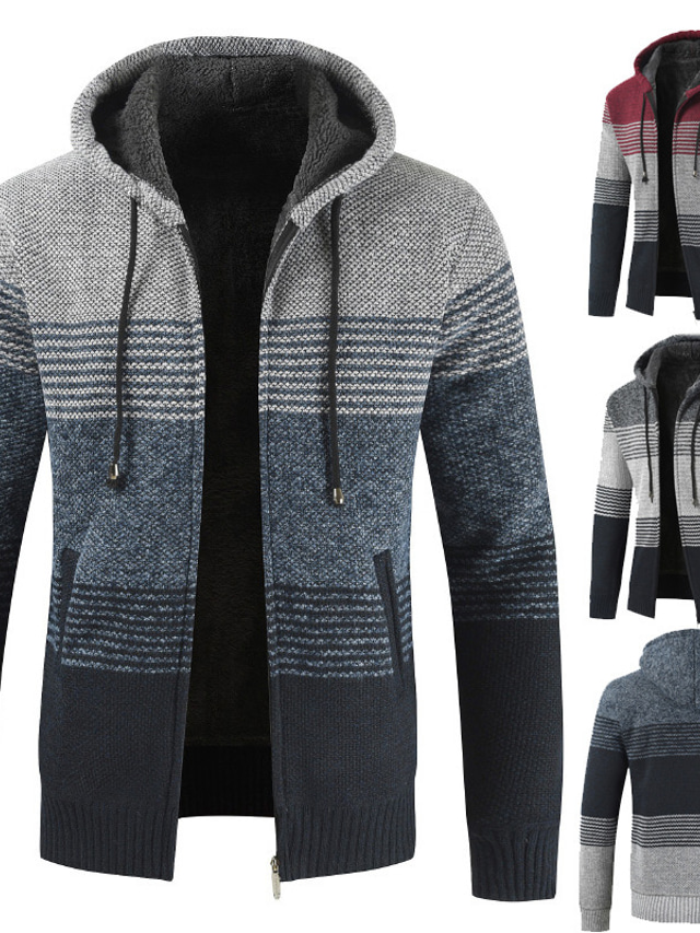  Men's Cardigan Sweater Fleece Sweater Ribbed Knit Tunic Knitted Color Block Hooded Warm Ups Modern Contemporary Daily Wear Going out Clothing Apparel Winter Fall Blue Red & White M L XL / Long Sleeve