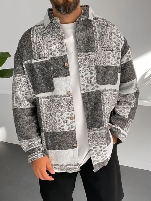 Men's Shirt Overshirt Shirt Jacket Plaid Check Turndown Black / White Long Sleeve