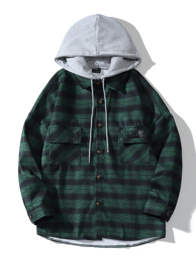  Men's Flannel Shirt Shirt Jacket Shacket Overshirt Plaid Hooded Light Green Dark Green Red Street Daily Long Sleeve Button-Down Clothing Apparel Fashion Casual Comfortable