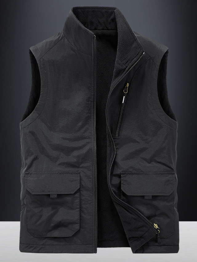  Men's Vest Warm Breathable Soft Daily Wear Going out Festival Zipper Standing Collar Basic Business Casual Jacket Outerwear Solid Colored Pocket Black Dark Gray khaki